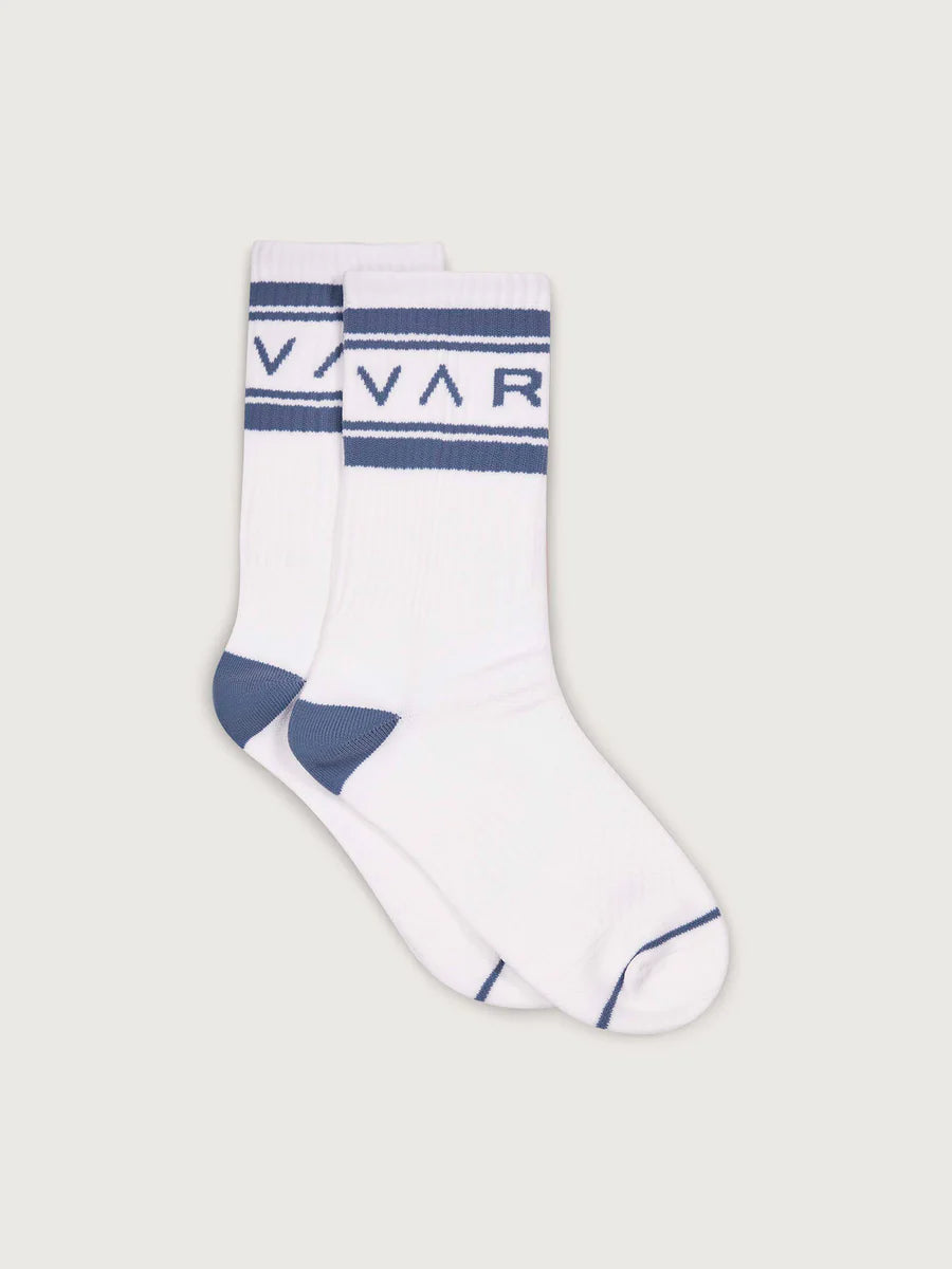 Varley Astley active crew sock in white with contrast ash blue tipping, featuring breathable mesh-knitting and a supportive footbed.
