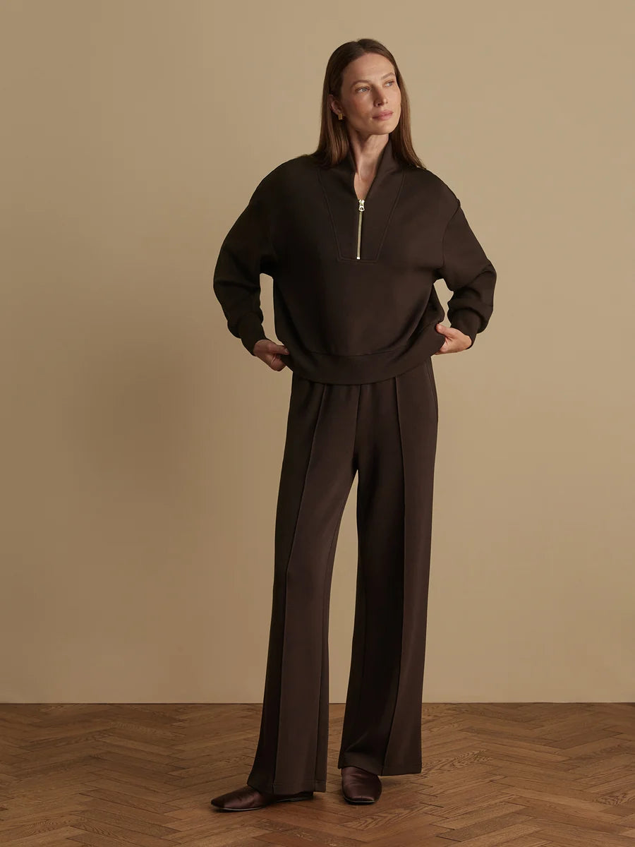 Varley Coffee Bean brown DoubleSoft wide-leg pants with drawstring waist.