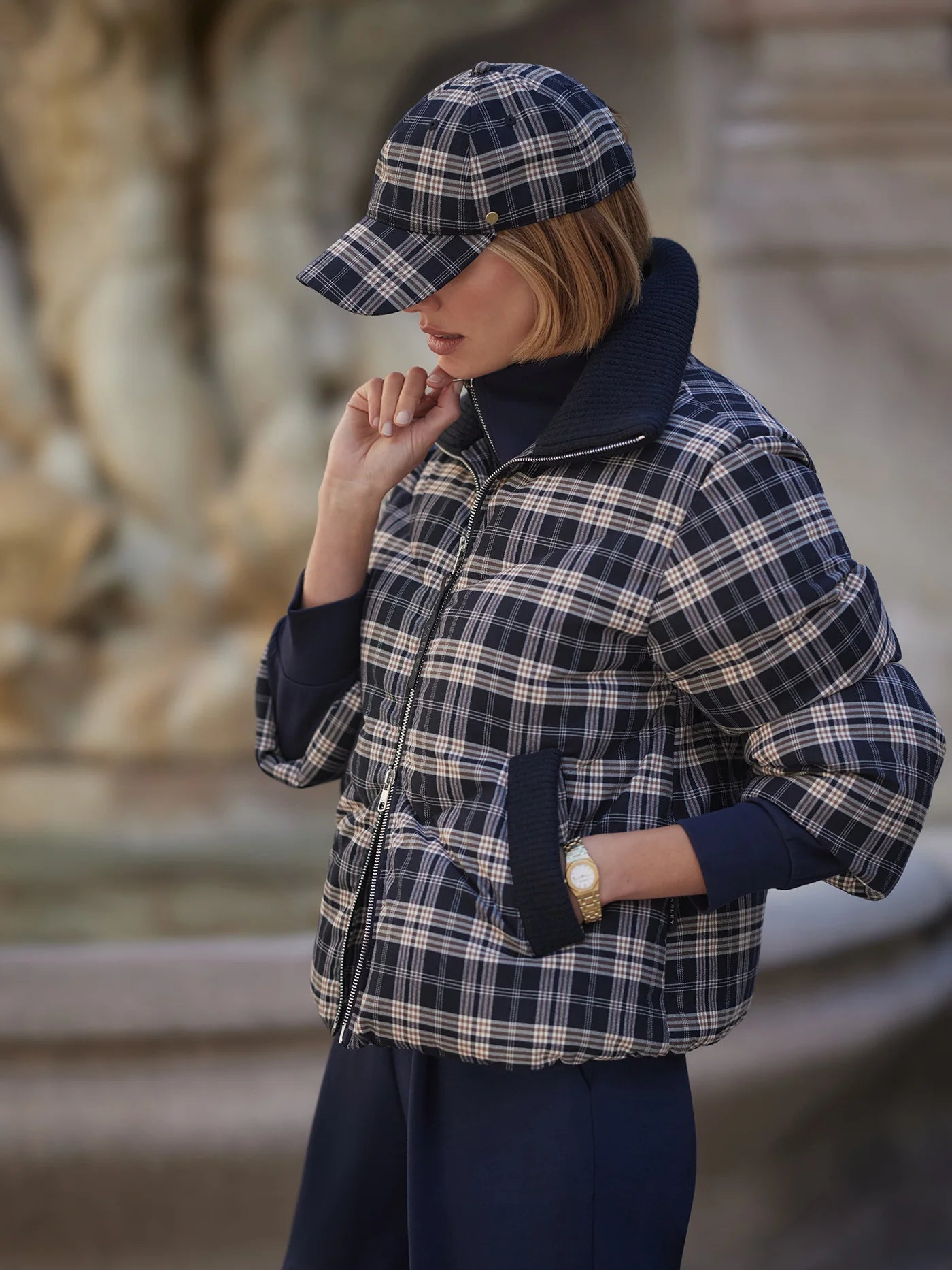 Bryony Short Puffer Jacket - Navy Check