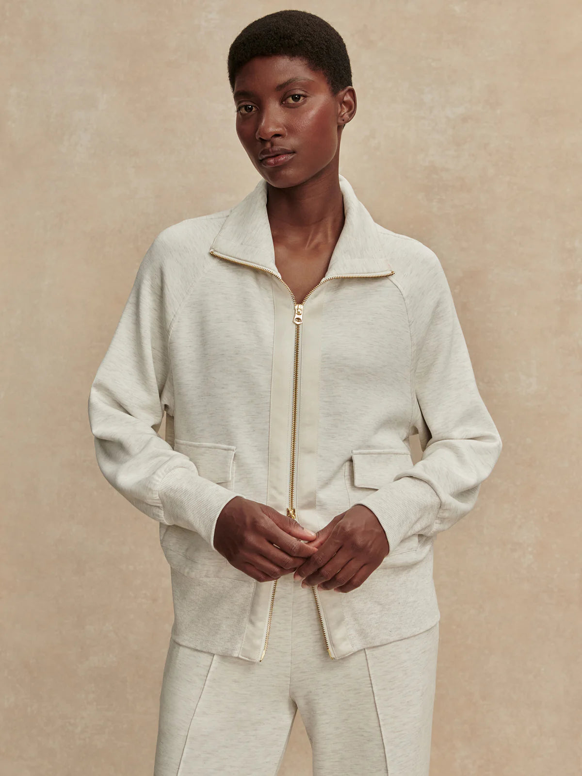 zip up ivory marl long sleeve sweater 