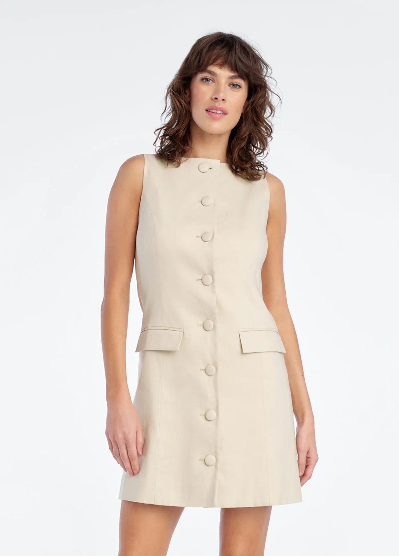 Favorite Daughter The Cece light khaki linen mini dress with button-front and boatneck tailored design.